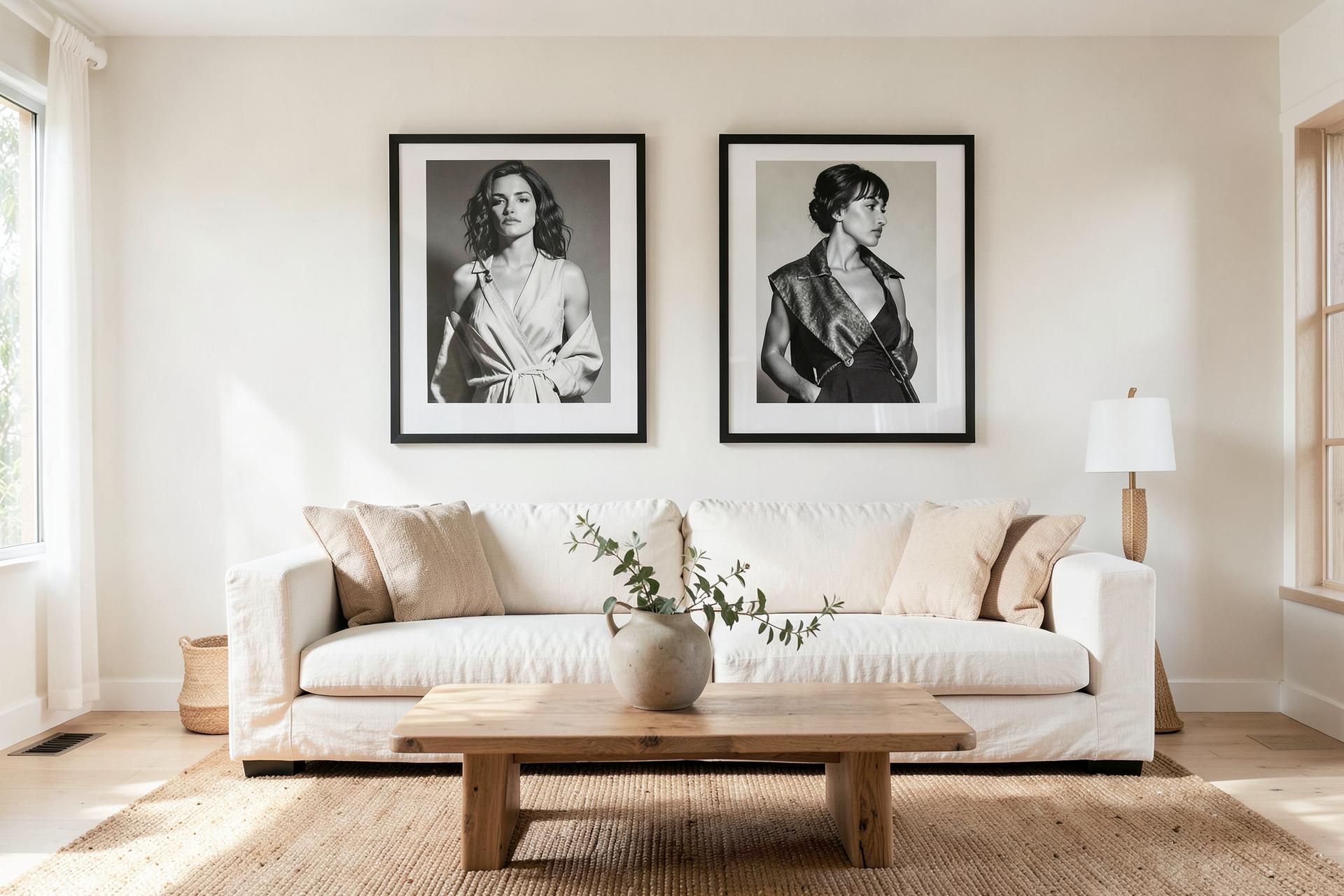 Neutral living room with cream sofa and two large black-framed fashion prints above it